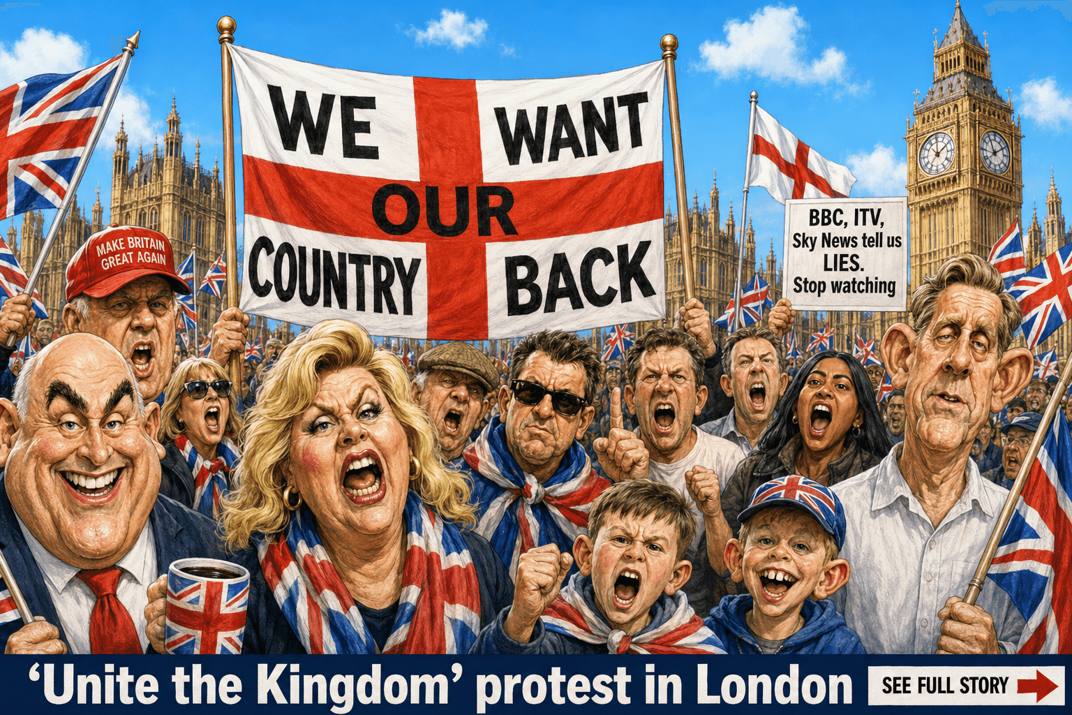 Parliament Square, 16 May 2026, thousands gather with flags and placards.